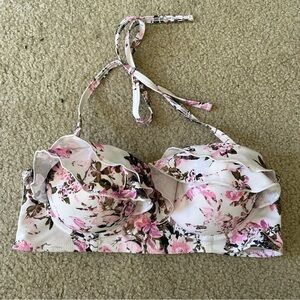 Playful Promises Beach ruffle pink and white floral halter bikini top